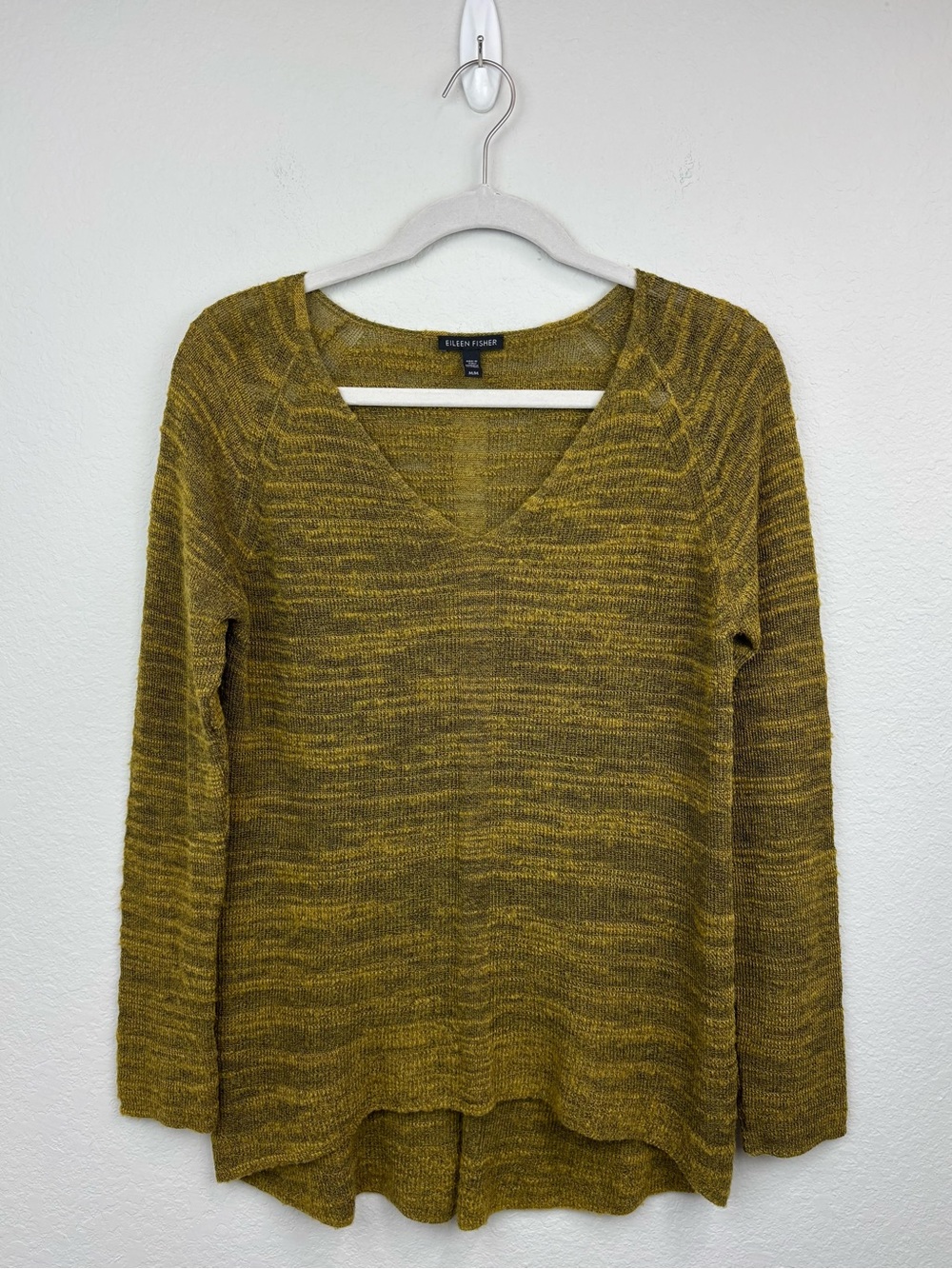 Eileen Fisher Baby Alpaca Wool Blend V-Neck Slub Mustard Green Tunic Sweater M
